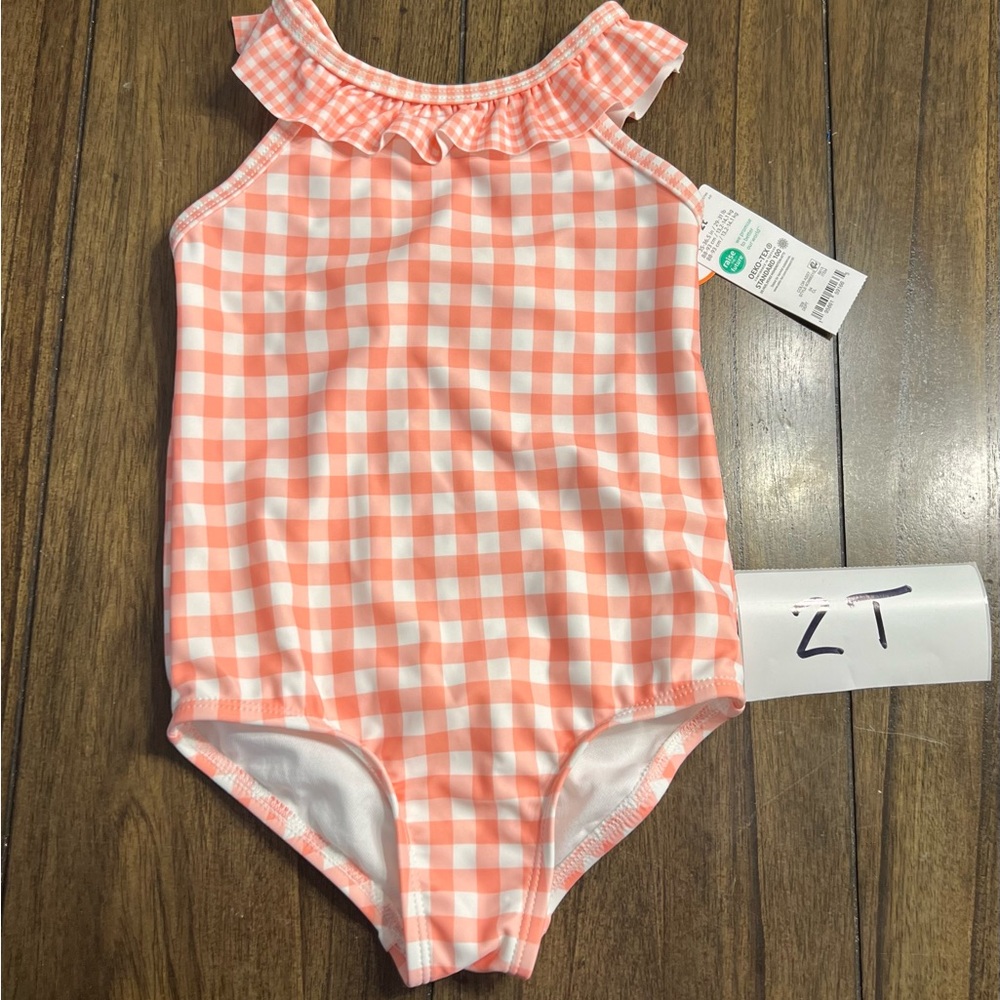 Carters NWT - 2T One piece bathing suit - peach plaid
